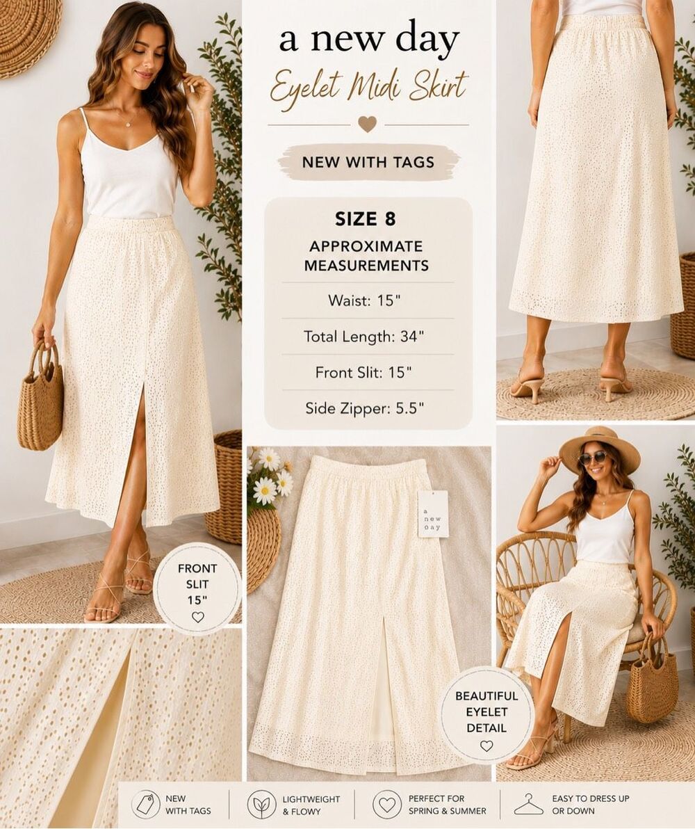 A New Day Eyelet Midi Skirt NWT Women’s Size 8 Ivory/Cream Midi Skirt